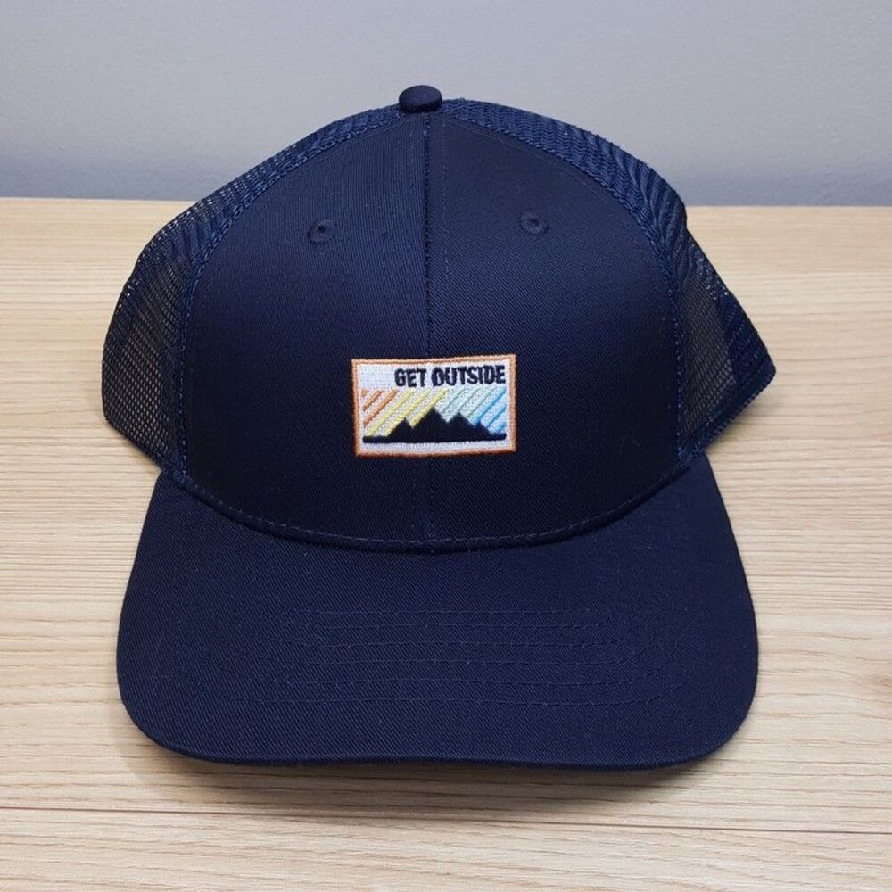 SUN & STONE Trucker Hat Navy Blue One Size Get Outside Graphic Cap